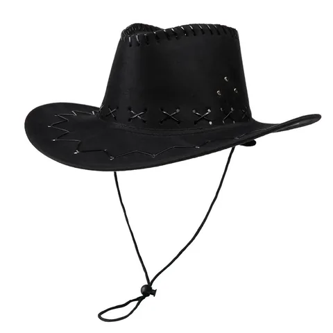 Chapeau de Cowboy Western Vintage pour Hommes Femmes Simili Daim Large Bord Chapeau de Soleil Avec Cordon de Vent Ajustable