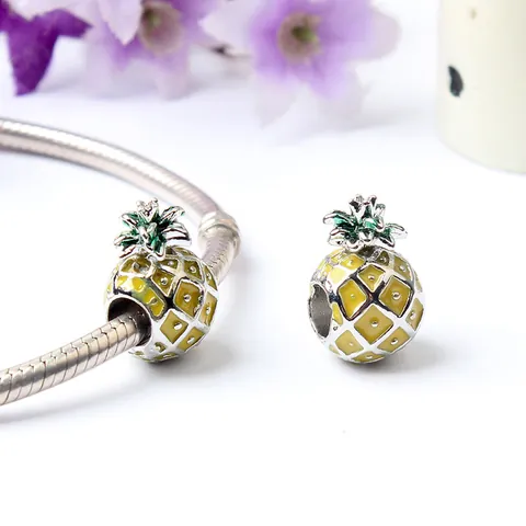 925 Sterling Silver Pineapple Charm Bead With Yellow Green Enamel Zircon For DIY Snake Chain Bracelet Women Fashion Jewelry