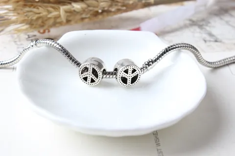 Antique Silver Alloy Peace Sign Hollow Round Large Hole Beads For DIY Jewelry Making Bracelet Charms Findings Components