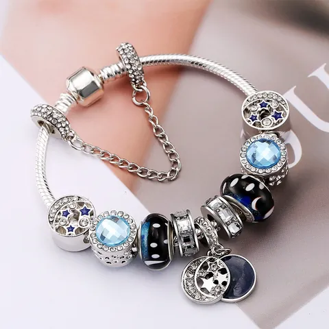 Romantic Blue Starry Sky Beaded Bracelet Silver Plated Alloy Snake Chain Bracelet With Star Moon Charms Zirconia Jewelry Gift Women