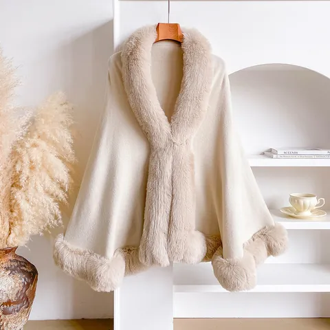 Women Winter Faux Fur Trim Poncho Cape Elegant Solid Color Knitted Shawl Wrap Warm Cardigan Outerwear For Lady