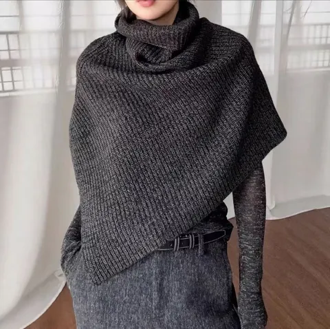 Women Knit Turtleneck Shawl Poncho Ribbed Thick Warm Pullover Asymmetric Winter Wrap Solid Color Shoulder Cape