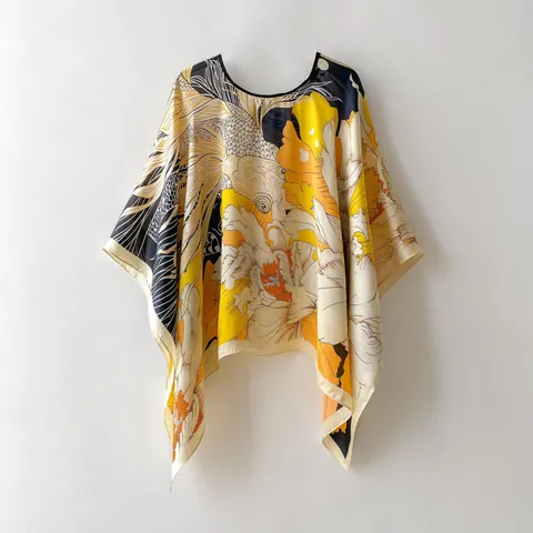 Haut Poncho Satiné Décontracté Femme Imprimé Floral Paisley Manches Chauve-souris Ourlet Irrégulier Blouse Cape