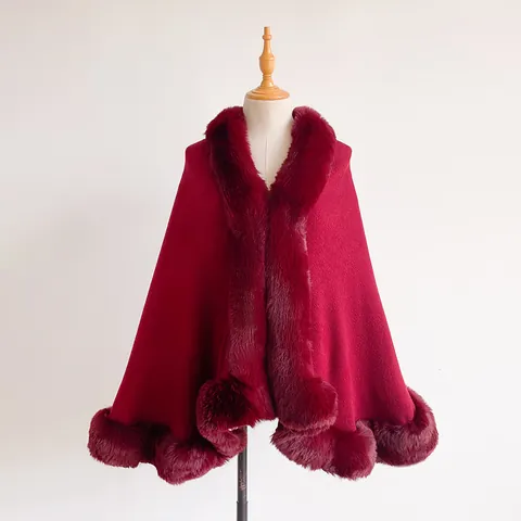 Women Winter Faux Fur Trim Poncho Cape Elegant Solid Color Knitted Shawl Wrap Warm Cardigan Outerwear For Lady