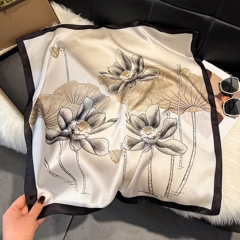 French Elegant Floral Print Satin Square Scarf For Women Vintage Butterfly Lotus Pattern Satin Neck Scarf Accessory