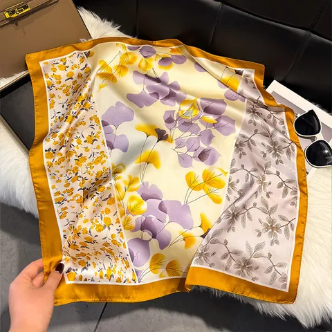 French Elegant Floral Print Satin Square Scarf For Women Vintage Butterfly Lotus Pattern Satin Neck Scarf Accessory