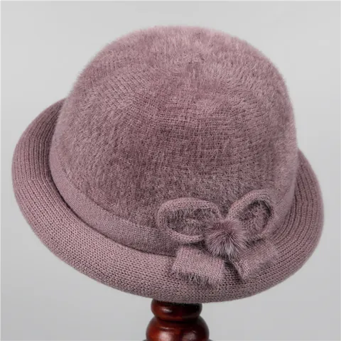 Women's Winter Warm Bucket Hat Faux Fur Plush Basin Hat With Bow Knot Fur Ball Middle Aged Elderly Ladies Elegant Cloche Hat