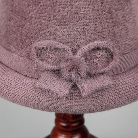Women's Winter Warm Bucket Hat Faux Fur Plush Basin Hat With Bow Knot Fur Ball Middle Aged Elderly Ladies Elegant Cloche Hat