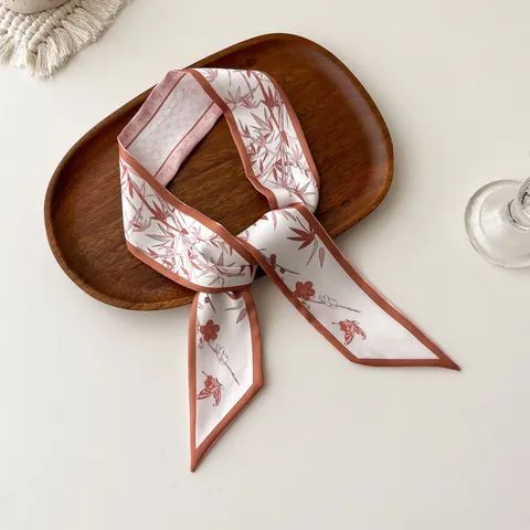 Women Satin Skinny Scarf Elegant Vintage Botanical Floral Print Long Ribbon Hair Band Neck Tie Bag Handle Decoration Accessory