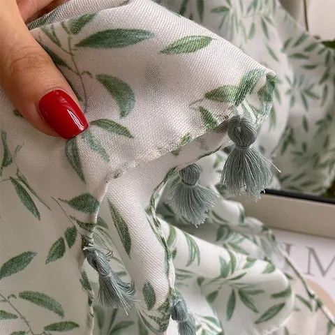 Women's Pastoral Cotton Linen Scarf With Elegant Bamboo Leaf Plant Floral Print Sun Protection Tassel Shawl Wrap For Summer Beach