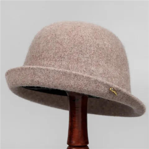 Cappello a Secchiello in Feltro di Lana Vintage da Donna Elegante Tinta Unita Bordo Arrotolato Con Spilla a Foglia di Metallo