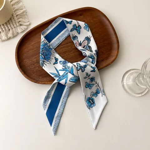 Elegant Satin Twilly Scarf Floral Butterfly Printed Hair Ribbon Bag Wrap For Women Fashion Multi Functional Silk Like Neck Scarf