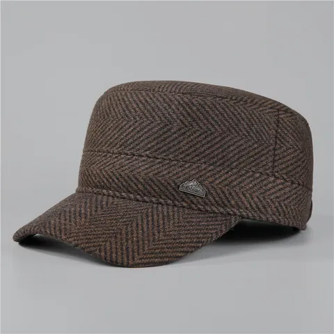 Herren Winter Wolle Fischgrätenmuster Flache Mütze Verdickt Warm Ohrenschutz Militär Hut Verstellbar Vintage Cadet Cap Für Ältere