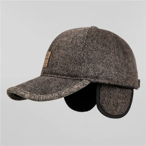 Herren Winter Baseballkappe Verdickt Warm Ohrenschutz Wollstoff Fischgrätenmuster Hut Vintage Lässig Outdoor Kopfbedeckung