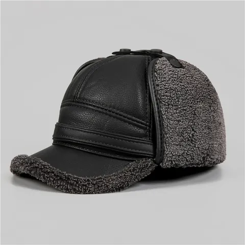 Colbacco Invernale da Uomo in Ecopelle Foderato in Sherpa Con Paraorecchie Cappello da Aviatore Antivento Caldo Berretto per Mezza Età e Anziani