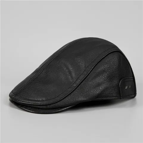 Coppola da Uomo Invernale Calda in Pelle PU Vintage Trama Litchi Berretto Regolabile Antivento per Esterno