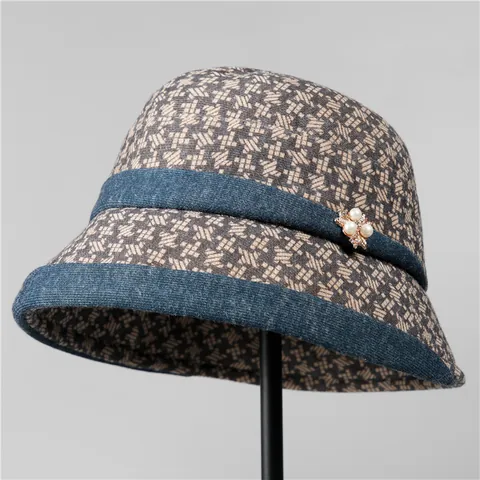 Eleganter Wollener Bucket Hat Mit Hahnentrittmuster Für Ältere Damen Winter Warmer Patchwork Künstliche Perlen Fischerhut Für Oma Retro