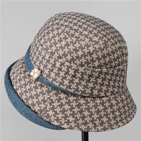 Eleganter Wollener Bucket Hat Mit Hahnentrittmuster Für Ältere Damen Winter Warmer Patchwork Künstliche Perlen Fischerhut Für Oma Retro