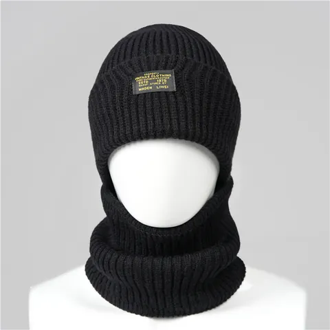 Men Winter Ribbed Knit Beanie Hat And Scarf Set Thickened Warm Neck Gaiter Balaclava Skull Cap For Outdoor Cycling Casual Daily
