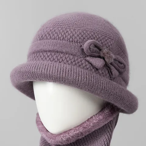 Elderly Women Winter Warm Rabbit Hair Knitted Bucket Hat And Scarf Combination Velvet Lining Bowknot Elegant Grandmother Cap