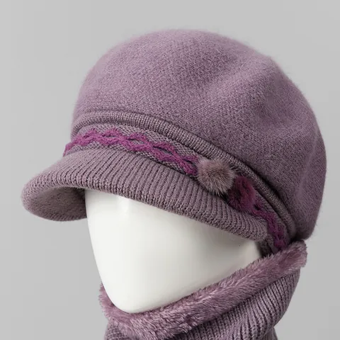 Elegante Gorro De Punto Cálido Invierno Pelo De Conejo Y Bufanda Para Mujeres Mayores Abuela Protección Exterior
