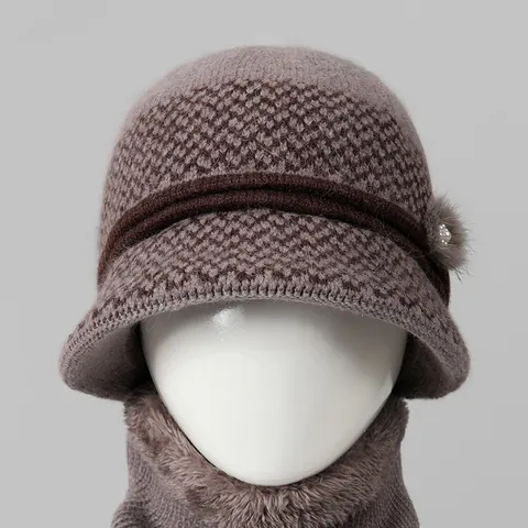 Elderly Women Winter Knitted Hat And Scarf Warm Fleece Lined Cloche Hat With Artificial Pearl Flower For Mom Grandma Outdoor Comfort