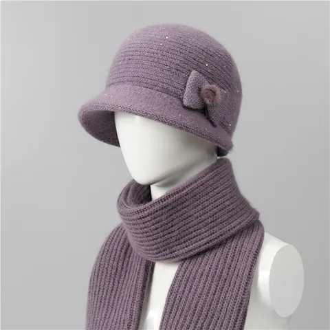Sombrero Cloche de Punto de Pelo de Conejo de Invierno para Mujer Y Calentador de Cuello Con Forro Polar Bufanda Cálida Con Lazo Lentejuelas Bola de Pelo para Mujeres Mayores