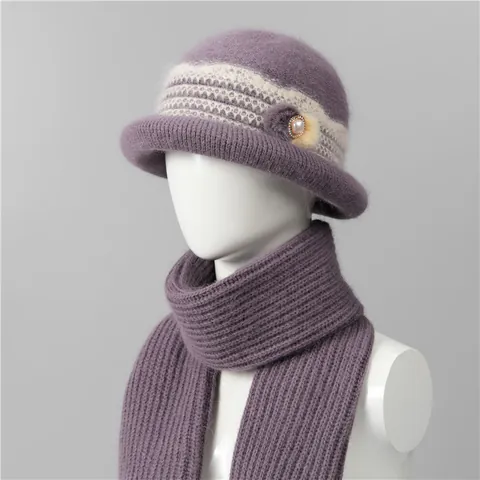 Women's Winter Rabbit Fur Knit Hat And Scarf Elegant Pearl Rhinestone Decoration Warm Beanies For Elderly Women
