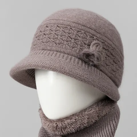Gorro de Punto Cálido de Invierno Y Calentador de Cuello Para Mujeres Mayores Mezcla de Pelo de Conejo Forrado de Felpa Gorra de Punto Floral
