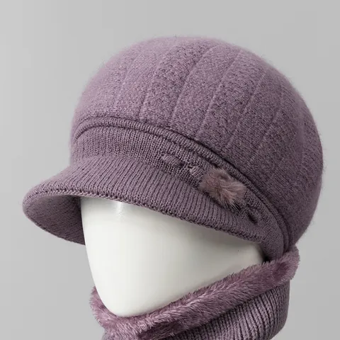 Conjunto de Gorro y Bufanda de Punto de Invierno para Mujer Con Forro de Felpa Mezcla de Pelo de Conejo Para Madres Mayores