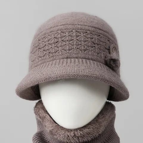 Gorro de Punto Cálido de Invierno Y Calentador de Cuello Para Mujeres Mayores Mezcla de Pelo de Conejo Forrado de Felpa Gorra de Punto Floral