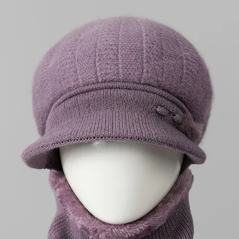 Conjunto de Gorro y Bufanda de Punto de Invierno para Mujer Con Forro de Felpa Mezcla de Pelo de Conejo Para Madres Mayores