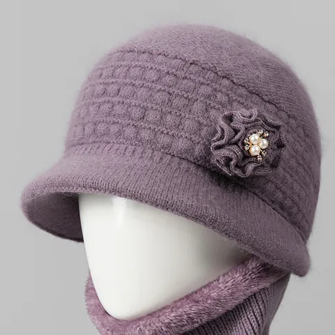 Sombrero de Invierno para Mujer Mezcla de Pelo de Conejo Gorro de Punto Con Flor Perla Diamantes de Imitación para Madre Anciana