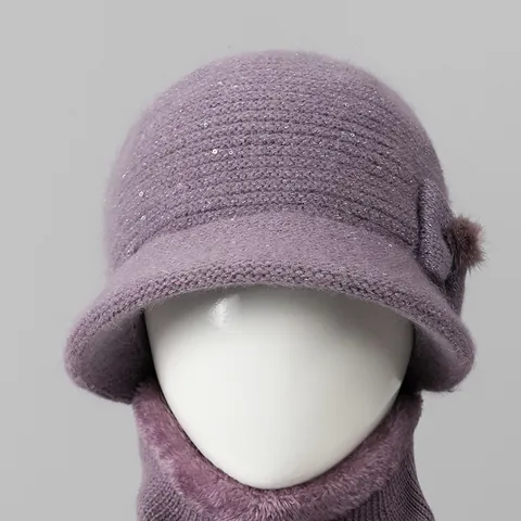 Sombrero Cloche de Punto de Pelo de Conejo de Invierno para Mujer Y Calentador de Cuello Con Forro Polar Bufanda Cálida Con Lazo Lentejuelas Bola de Pelo para Mujeres Mayores
