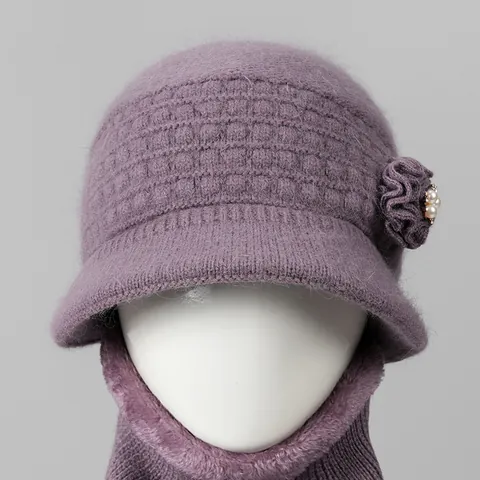 Sombrero de Invierno para Mujer Mezcla de Pelo de Conejo Gorro de Punto Con Flor Perla Diamantes de Imitación para Madre Anciana
