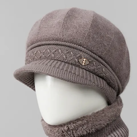 Conjunto De Gorro De Punto De Pelo De Conejo Bufanda Calentador De Cuello Para Mujer Invierno Forro De Felpa Gorra Newsboy Con Decoración De Perlas Y Diamantes De Imitación Gorro Grueso Para Mamá Abuela