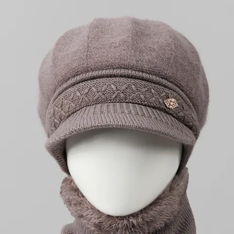 Conjunto De Gorro De Punto De Pelo De Conejo Bufanda Calentador De Cuello Para Mujer Invierno Forro De Felpa Gorra Newsboy Con Decoración De Perlas Y Diamantes De Imitación Gorro Grueso Para Mamá Abuela