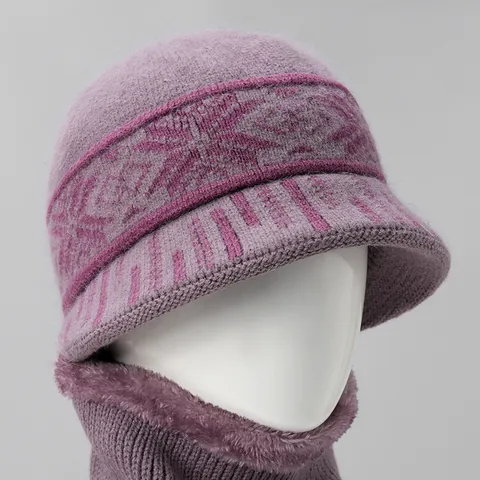 Conjunto De Gorro Y Bufanda De Punto Para Mujer Mezcla Pelo De Conejo Forro De Felpa Cálido Con Patrón De Copos De Nieve