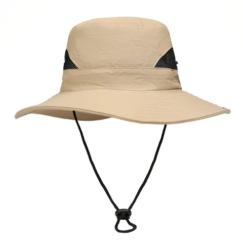 Men Women Outdoor Sun Hat Polyester Breathable Mesh Wide Brim Bucket Hat With Adjustable Windproof String Fishing Hiking