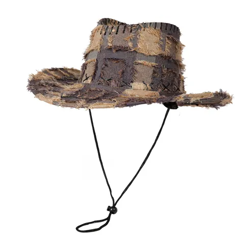 Cappello da Cowboy Occidentale Distressed Vintage da Donna Patchwork Scozzese Frange Sfilacciate Protezione Solare Cappello da Vacanza