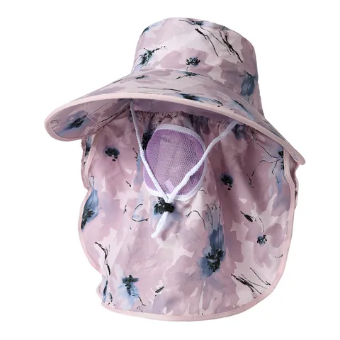 Women's Floral Print Sun Hat With Face Mask And Neck Flap Large Brim Breathable Polyester Outdoor UV Protection Sun Hat