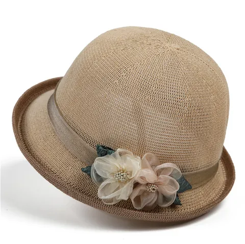 Damen Elegant Baumwolle Leinen Glockenhut Vintage Gestrickt Fischerhut Mit Blumen Satinband Für Sommerurlaub Sonnenschutz Hut