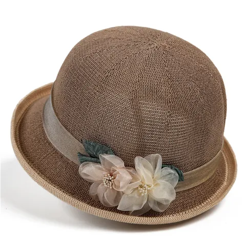 Damen Elegant Baumwolle Leinen Glockenhut Vintage Gestrickt Fischerhut Mit Blumen Satinband Für Sommerurlaub Sonnenschutz Hut
