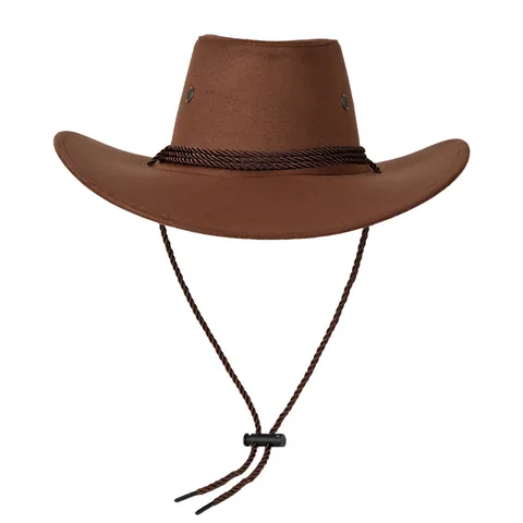 Sombrero de Vaquero Occidental Clásico Fieltro de Poliéster Protección Solar Ala Ancha Fedora Retro Con Cuerda de Viento Ajustable Unisex