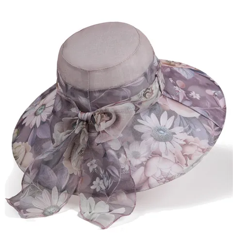 Women's Elegant Sun Hat With Big Brim Bow Floral Print Organza Polyester Foldable Sunshade Beach Hat For Summer Travel Ladies