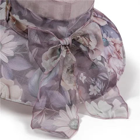 Women's Elegant Sun Hat With Big Brim Bow Floral Print Organza Polyester Foldable Sunshade Beach Hat For Summer Travel Ladies