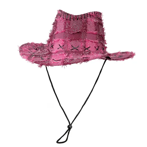 Cappello da Cowboy Occidentale Distressed Vintage da Donna Patchwork Scozzese Frange Sfilacciate Protezione Solare Cappello da Vacanza