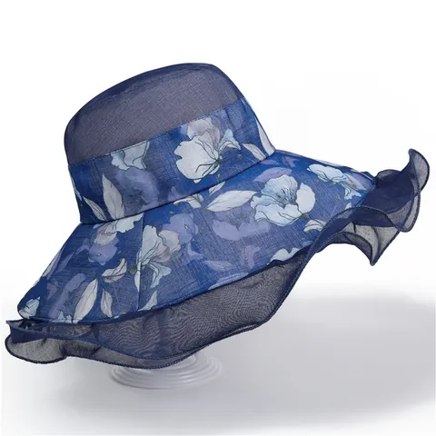 Sombrero de Sol para Mujer Ala Grande Floral Sombrero de Pescador Plegable Organza Volante Playa Verano Transpirable Gorra de Sombrilla