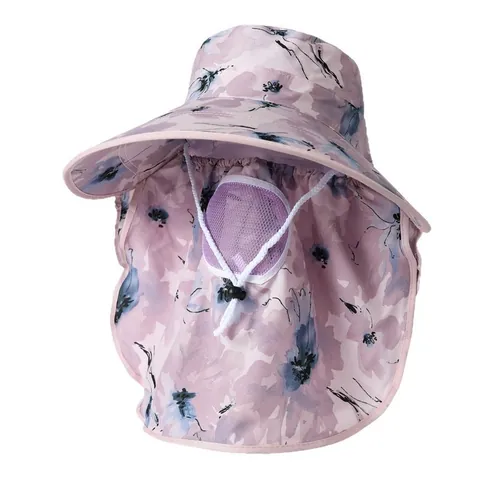 Women's Floral Print Sun Hat With Face Mask And Neck Flap Large Brim Breathable Polyester Outdoor UV Protection Sun Hat