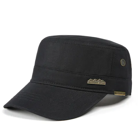 Men Cotton Flat Top Cap Cadet Hat Adjustable Outdoor Sun Hat Breathable Military Style Casual Fishing Hiking Hat Metal Badge